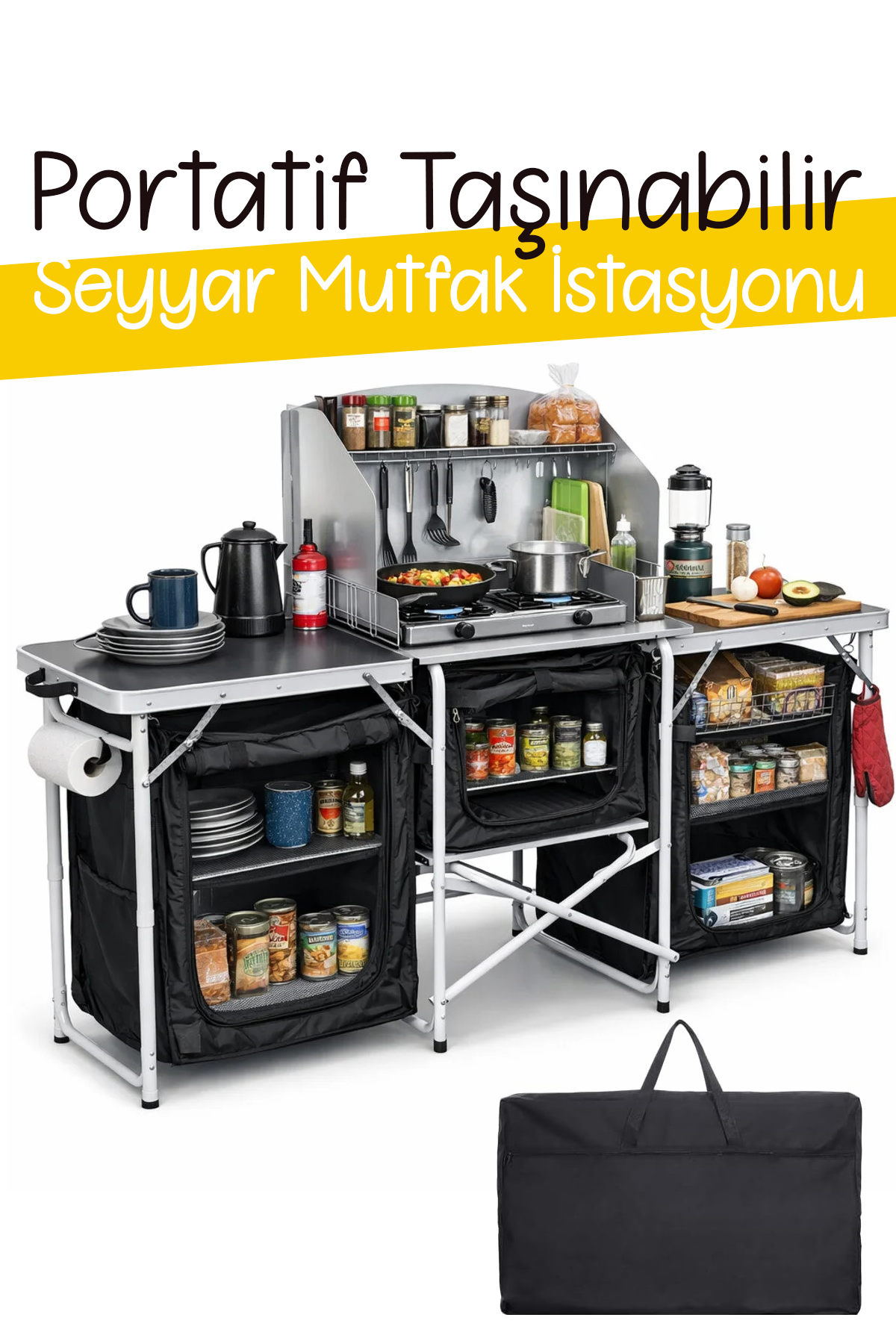 EFSANE KAMP - Portatif Taşınabilir Seyyar Mutfak İstasyonu - Tezgah, Dolap, Organizer, Masa