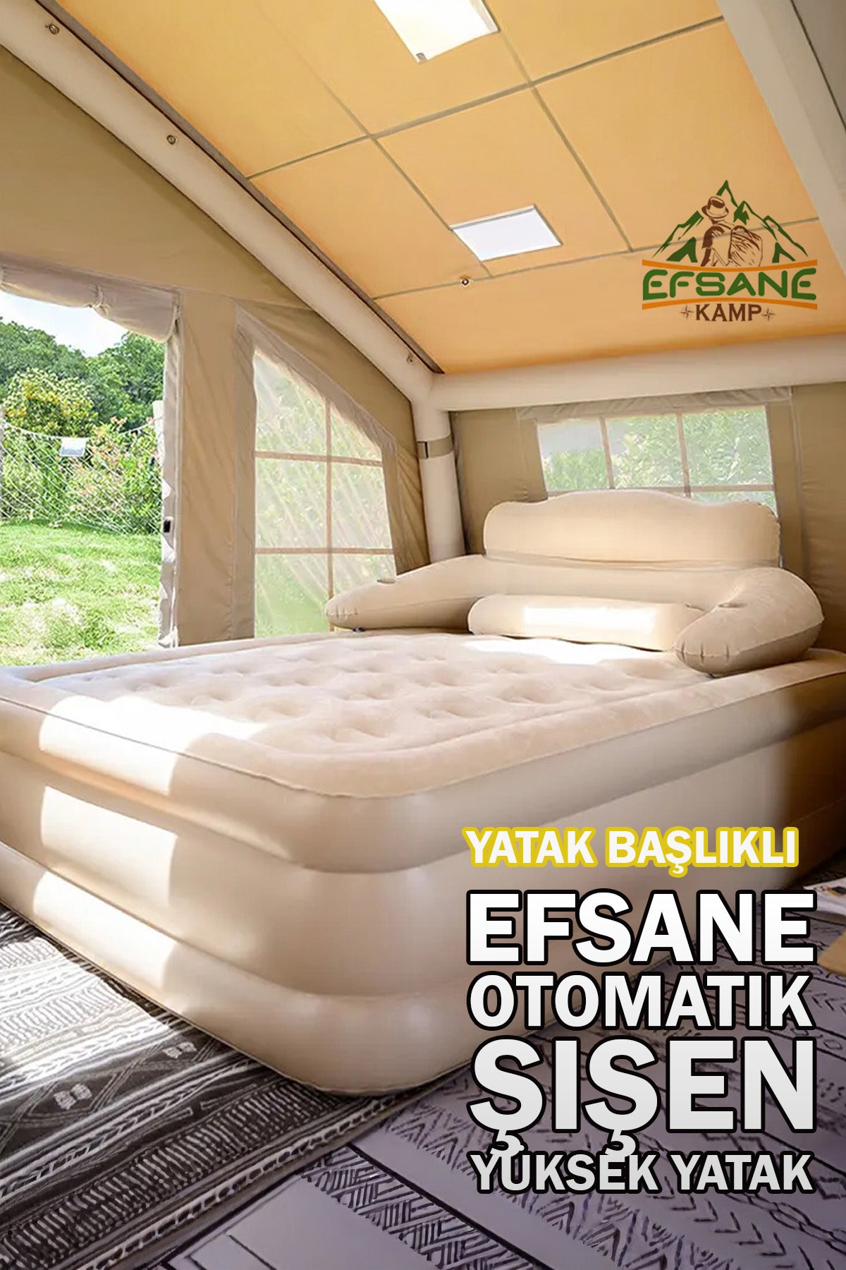 EFSANE KAMP - Double King Başlıklı Otomatik Şişen Dahili Pompalı Çift Kişilik Şişme Yatak - 203*152*40cm