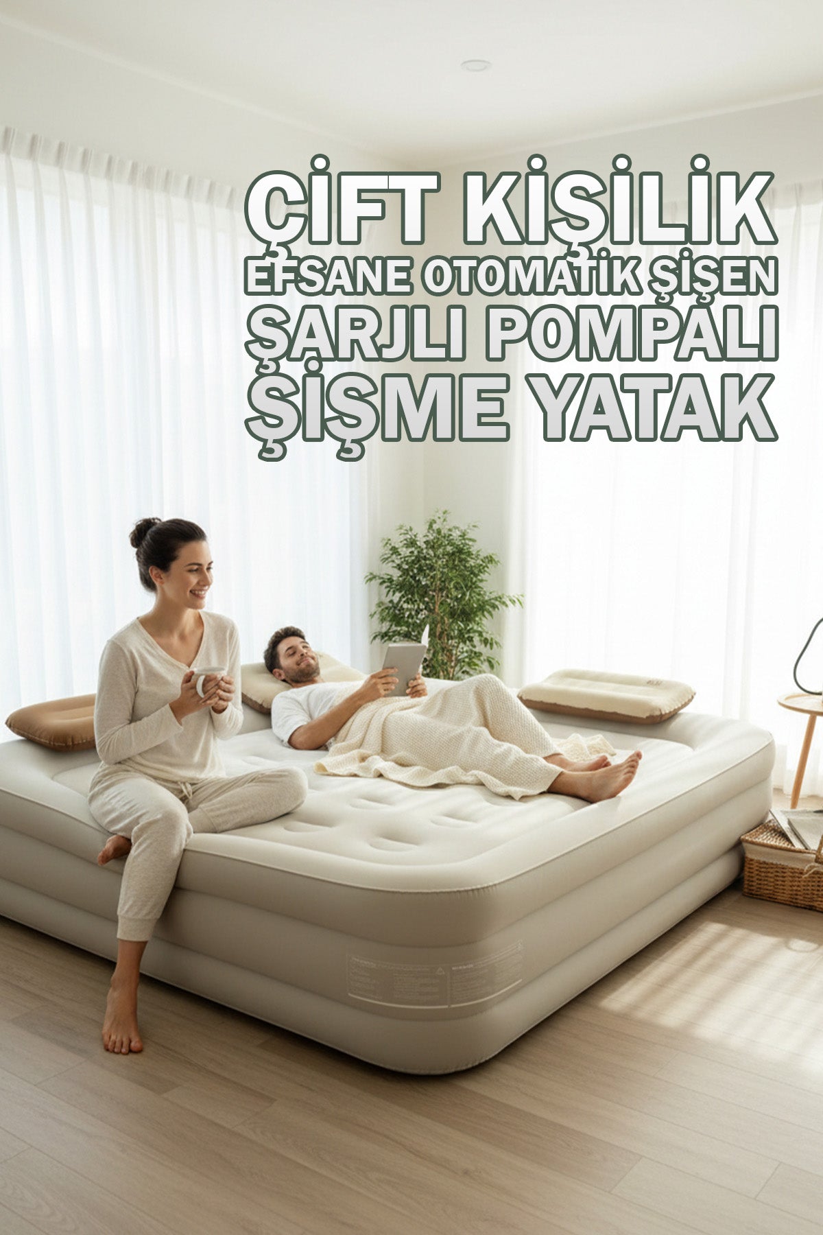 EFSANE KAMP - Double Yüksek Otomatik Şişen Dahili Pompalı Çift Kişilik Yatak - 203*152*40cm
